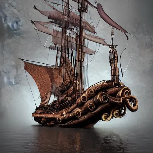 Image similar to A steampunk ship that looks like an octopus, digital art, hyperrealistic, epic, dramatic lighting