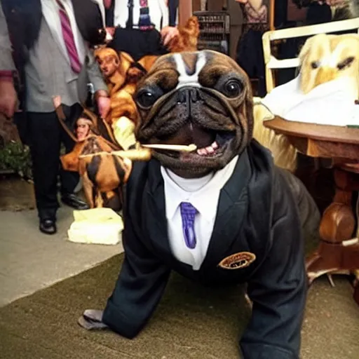 Prompt: A dog dressed as a mob boss smokes a cigar