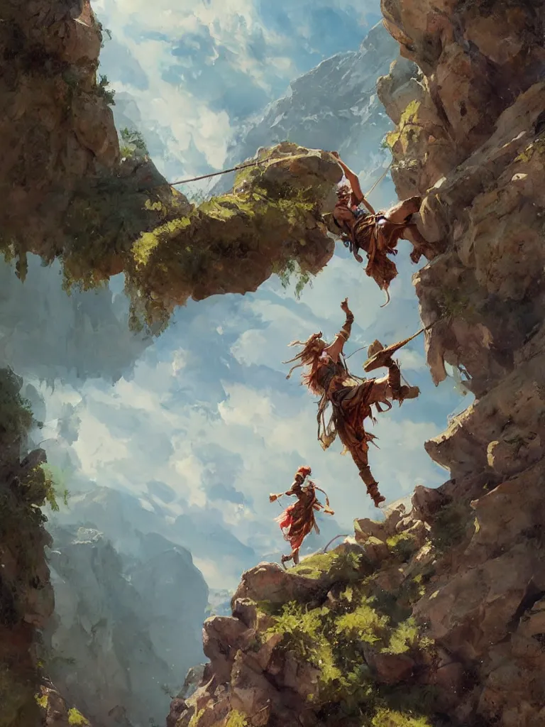 Image similar to oil art of young roma mage adventurer climbing down a cliffside in style of disco elysium character, gipsy jester character design from ravenloft, art by anders zorn, wonderful masterpiece by greg rutkowski, beautiful cinematic light, american romanticism by greg manchess, jessica rossier