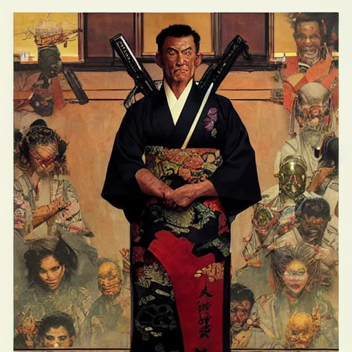 Image similar to the doomslayer wearing a kimono!!, portrait art by norman rockwell and donato giancola and greg rutkowski,