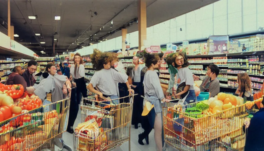 Image similar to 1990s candid photo of a beautiful day at the grocery store, cinematic lighting, cinematic look, golden hour, large costumed mascot business people giving space presentations to families, Enormous personified business people with outstandingly happy faces coming out of a portal and talking to families about planets and galaxies, floating tiny planets, UHD