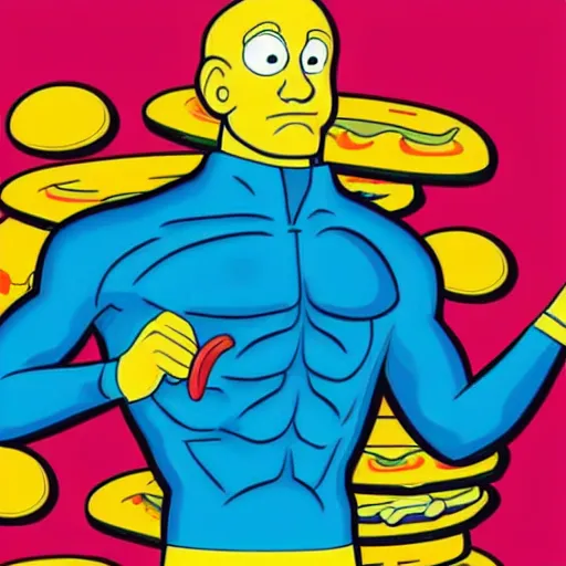 Prompt: Dr Manhattan working at McDonalds because he lost all of his money leverage trading bitcoin, mike judge art style, 90s mtv illustration, rich complementary colors W- 1920