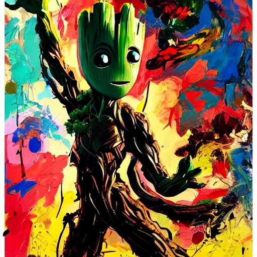 Image similar to a happy baby groot art by ashley wood, jim mahfood, traditional painting, yoji shinkawa, jamie hewlett, 6 0's french movie poster, french impressionism, vivid colors, palette knife and brush strokes, paint drips, 8 k, hd, high resolution print