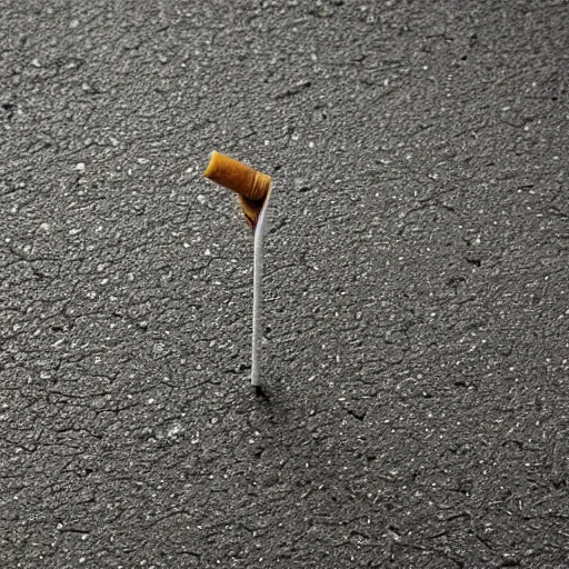 Prompt: cigarette perch lies on the cracked wet asphalt. grass grows from the cracks of asphalt