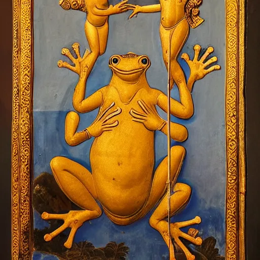 Image similar to people worship a huge statue of a golden frog, frescoes style, religion, bible