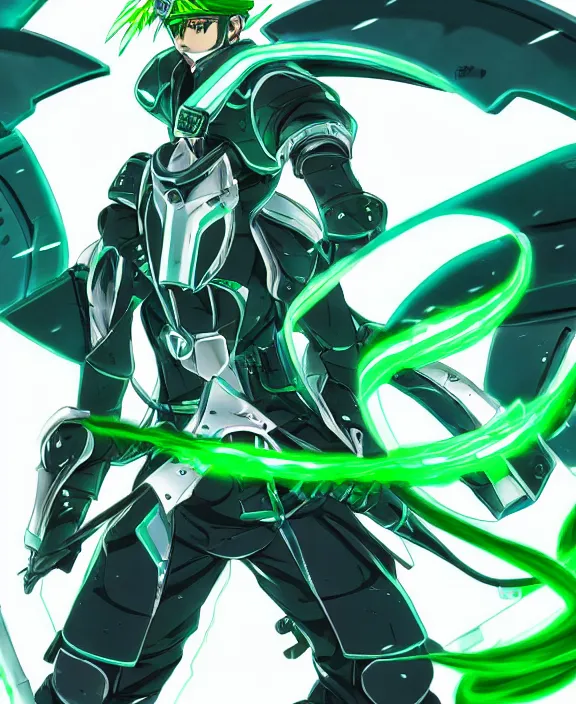 Image similar to an anime drawing of a futuristic warrior with jade green bladed armour and a futuristic helmet with a neon jade visor by Yusuke Murata, 4k resolution, detailed