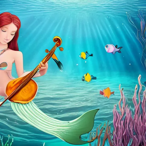 Image similar to a beautiful long - haired mermaid playing the violin in the wide ocean among fish