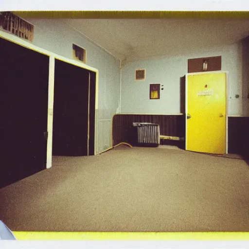 Image similar to A polaroid photograph of empty endless rooms, yellow patterned wallpaper on the walls, moist dirty carpet, unnatural fluorescent warm lights lighting the scene