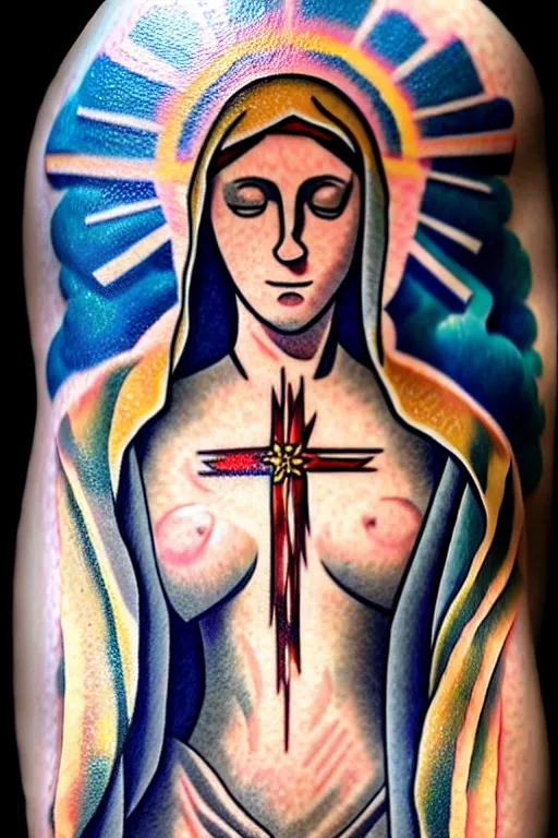 Image similar to a highly detailed and realistic photo of the virgin mary cosplay, tattooed body, artstation, 4 k, correctly anatomy, good light