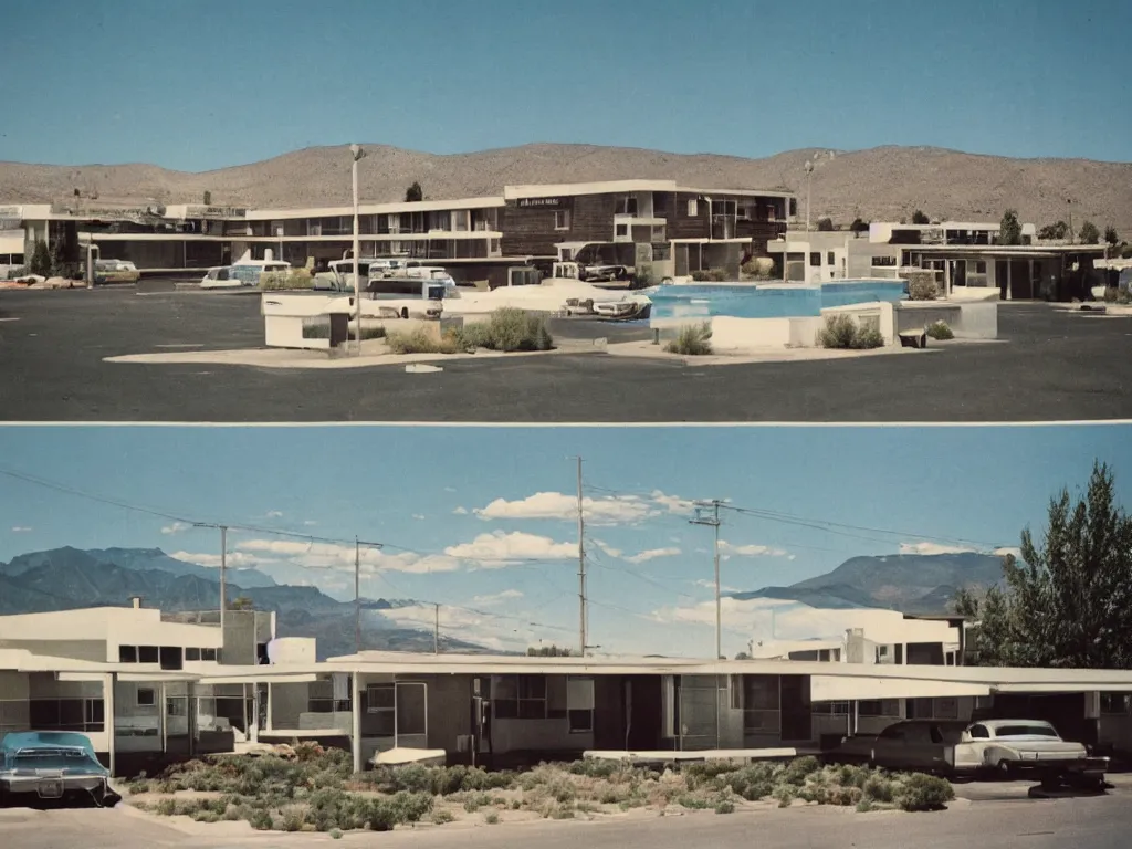 Image similar to a midcentury modern motel in reno nevada 1 9 6 7