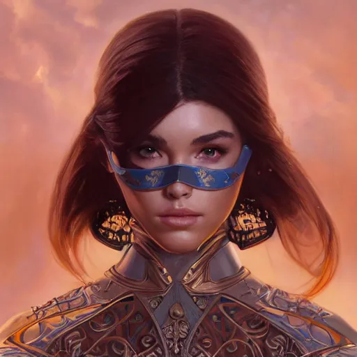 Image similar to portrait of madison beer wearing a skintight knight armor, intricate, elegant, highly detailed, digital painting, artstation, concept art, smooth, sharp focus, illustration, art by artgerm and greg rutkowski and alphonse mucha, 8 k