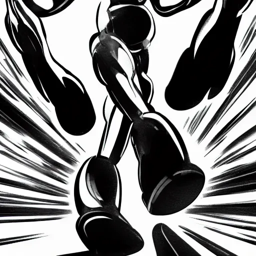 Image similar to a simple black and white pencil storyboard of a giant humanoid athletic sleek futuristic humanoid android powering up as small floating particles swirl around it, action lines