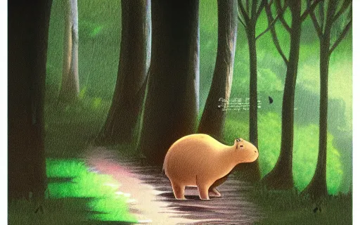 Prompt: a young girl with her pet capybara walking through the forest, raining, side view, art by hayao miyazaki, studio ghibli film, 4k, hi res, high detail