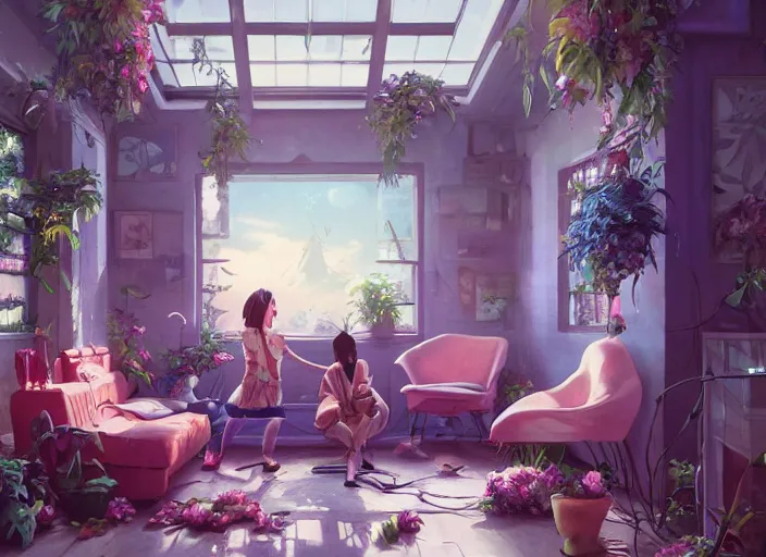 Image similar to inside a living room with flowers, thin contur lines, unreal engine, fantasy art by greg, loish, rhads, ferdinand knab, tom bagshaw, makoto shinkai and lois van baarle, rossdraws, ilya kuvshinov, night lighting, trending on studio ghibli, highly detailed, 8 k, octane render