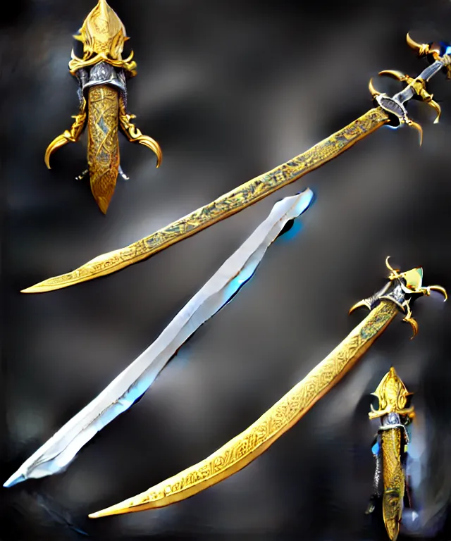 Image similar to very large detailed long sword, proportional image, clean background, 3 d octane render, blade, sharp, gold, gems,