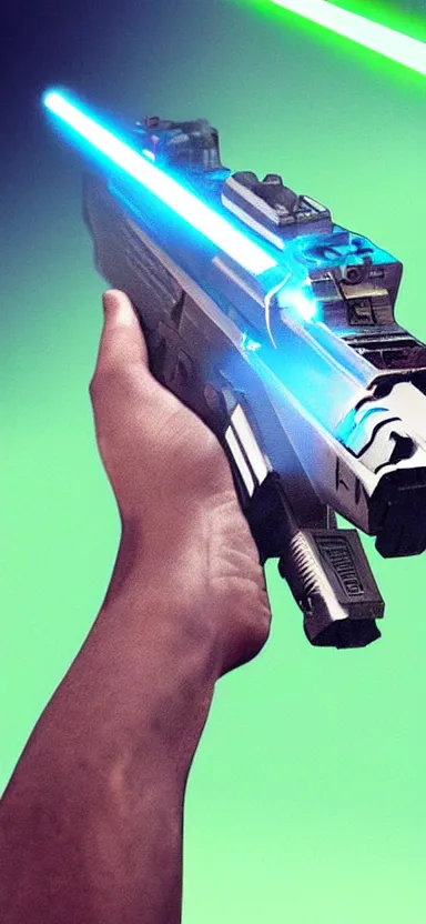 Image similar to “ hand holding laser gun, cinematic, digital art ”