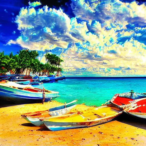 Prompt: tropical beach, afternoon, clouds, boats, glistening ocean, digital art