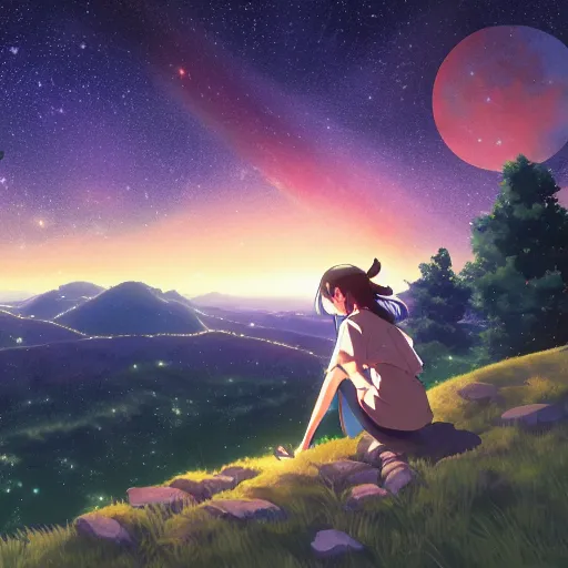 Prompt: a schoolgirl girl sat on the hillside and looked at the stars in the night sky, beautiful moonlight, spectacular milky way, shining meteor, rich vivid colors, ambient lighting, dynamic lighting, official media, anime key visual, detailed, artwork by makoto shinkai.