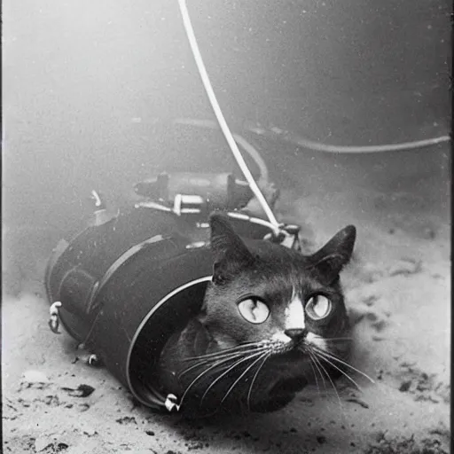 Image similar to photograph of cat wearing diving gear swimming in a vat of acid