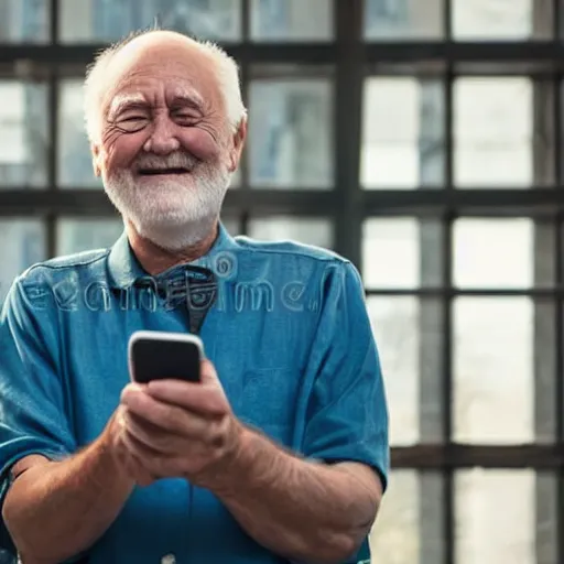 Image similar to hide the pain harold looking down and holding a phone in his hands, smiling, stock photo, professional lighting