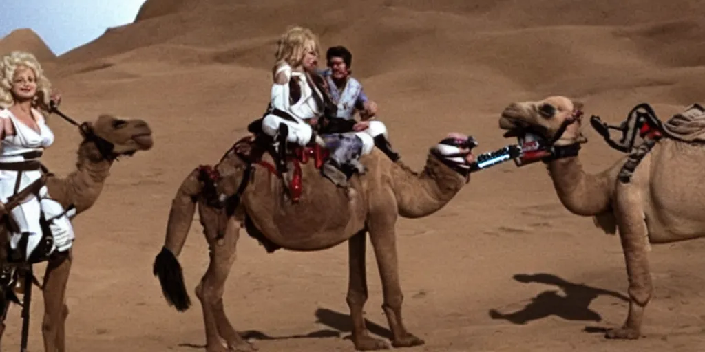 Image similar to Dolly Parton is riding a camel in a Star Wars fight scene, holding lightsaber, X-wing Starfighter