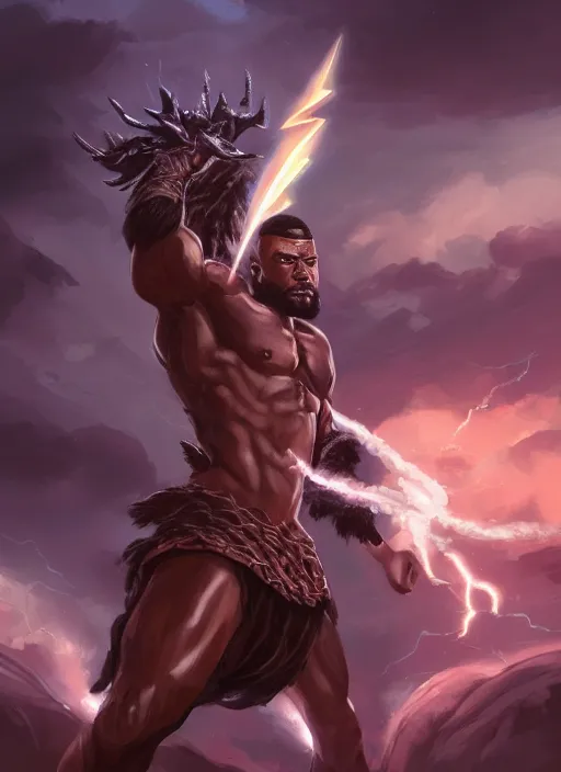 Image similar to a highly detailed illustration of bearded short fade hair african warrior god of lightning, evil summoning lightning from hands pose, moonlit clouds background, muscular, intricate, elegant, highly detailed, centered, digital painting, artstation, concept art, smooth, sharp focus, league of legends concept art, WLOP