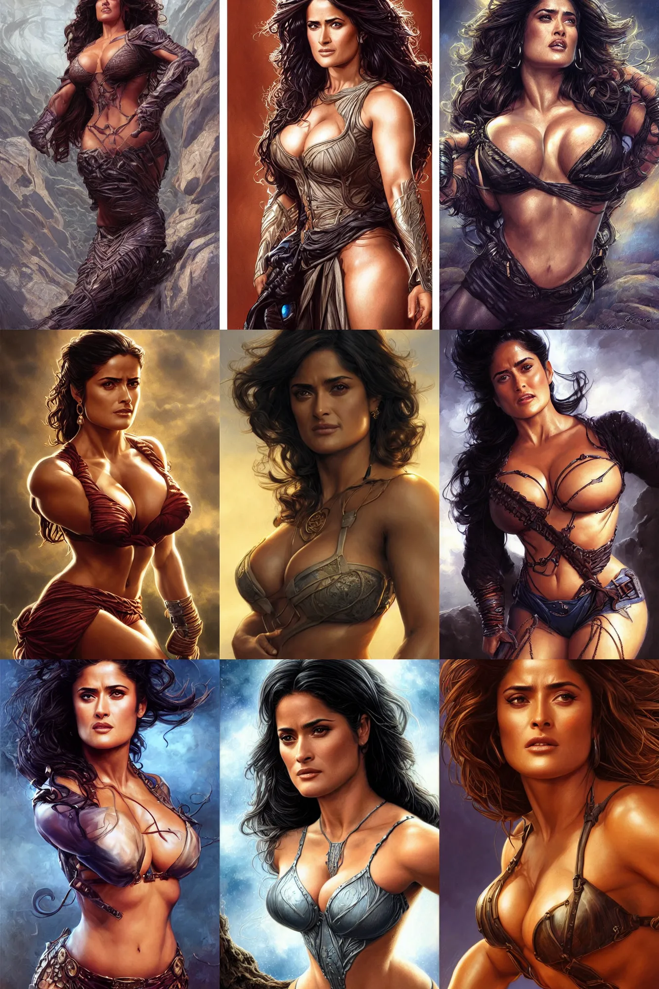 Prompt: muscled Salma Hayek as a ruggedly handsome heroine , backlit, intricate, elegant, highly detailed, centered, digital painting, artstation, concept art, smooth, sharp focus, illustration, art by artgerm and donato giancola and Joseph Christian Leyendecker, Ross Tran, Alex Ross, WLOP