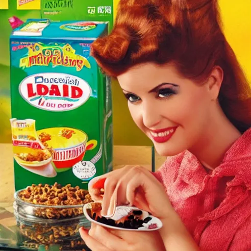 Prompt: Attractive and beautiful lizard pinup model eating cereal in an healthy breakfast ad