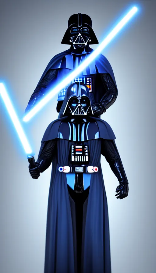 Image similar to A blue colored Darth Vader suit holding a blue lightsaber, 4k, dark background, 3d, full body image,