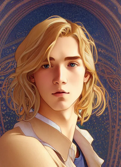 Image similar to pretty young man with shoulder length shiny shimmering golden blond hair, path traced, highly detailed, high quality, digital painting, by studio ghibli and alphonse mucha, leesha hannigan, disney