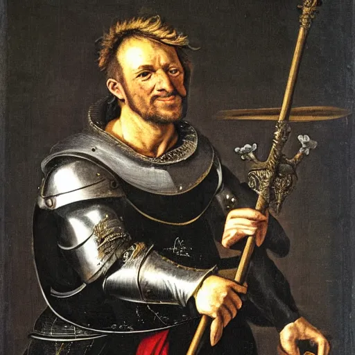 Prompt: donald trump, wearing knight ’ s armor, holding a spectacular broadsword, by annibale carracci, two arms, two legs, donald trump, symmetrical face, highly detailed face, perfect face