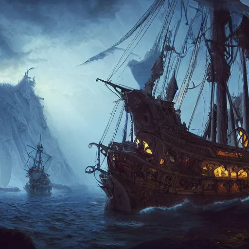 Image similar to Fantasy pirate ship, Dynamic lighting, cinematic, establishing shot, extremely high detail, foto realistic, cinematic lighting, pen and ink, intricate line drawings, post processed, concept art, artstation, matte painting, style by Raphael Lacoste, Eddie Mendoza