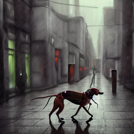 Prompt: robot greyhound in rainy post-apocalyptic city street , digital art, trending on artstation,