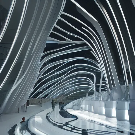 Prompt: stunning beautiful futuristic museum interior by Zaha Hadid, smooth curvilinear dragonfly wings pattern