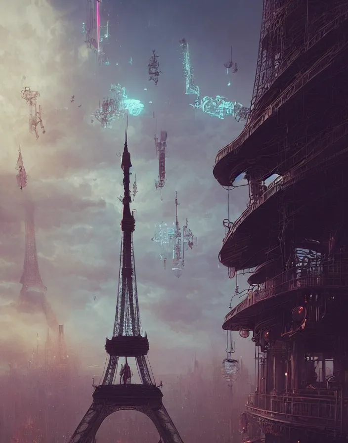 Image similar to a steampunk eiffel tower in heaven, steampunk dirty world, by wlop, greg rutkowski and beeple