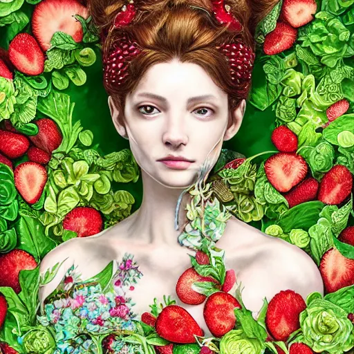 Image similar to the portrait of an absurdly beautiful, graceful, elegant, sophisticated woman made of strawberries and green petals, an ultrafine hyperdetailed illustration by kim jung gi, irakli nadar, intricate linework, bright colors, octopath traveler, final fantasy, unreal engine 5 highly rendered, global illumination, radiant light, detailed and intricate environment
