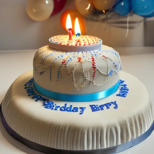 Prompt: a birthday cake with a bottle of glue replacing the candle