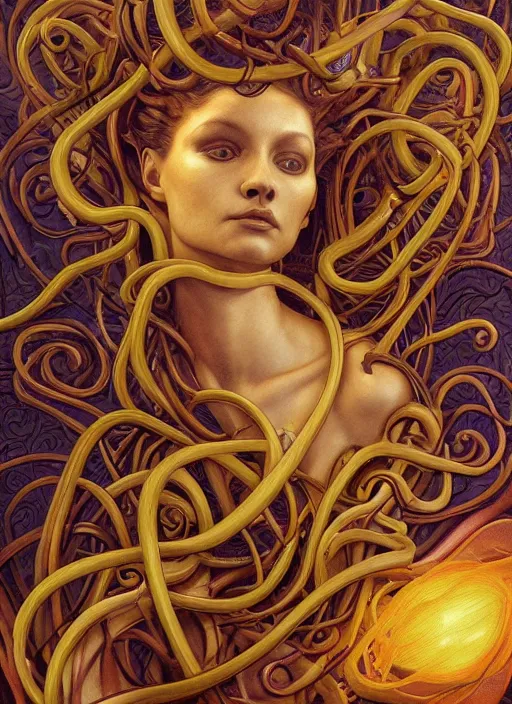 Prompt: medusa, wooden art nouveau swirls, strong subsurface scattering, cables, tubes, subsurface scattering, in the style of james jean and tomasz alen kopera and ross draws, subsurface scattering, mystical colors, rim light, soft lighting, 8 k, stunning scene, raytracing, octane render, trending on artstation
