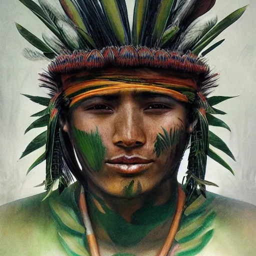 Image similar to a male tupi guarani warrior portrait, tropical plants hiding the top part of his face, by marco mazzoni, dark background