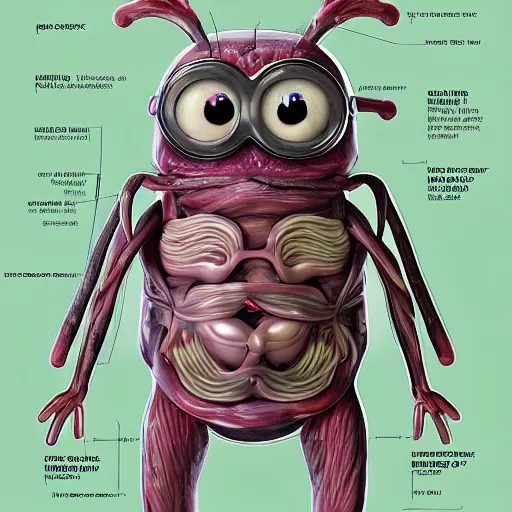 Image similar to A detailed biological anatomy of a minion, photorealistic, textbook, scientific