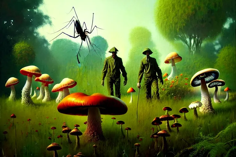 Prompt: surreal painting by craig mullins and greg rutkowski, garden flowers + poison mushrooms + long grass + garden dwarfs fighting with giant mosquito, 7 0's vintage sci - fi style, cinematic