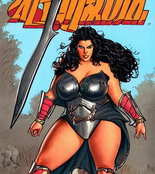 Image similar to 1 9 8 0 s fantasy novel book cover, bbw plus size amazonian gal gadot in extremely tight bikini armor wielding a cartoonishly large sword, exaggerated body features, dark and smoky background, low quality print