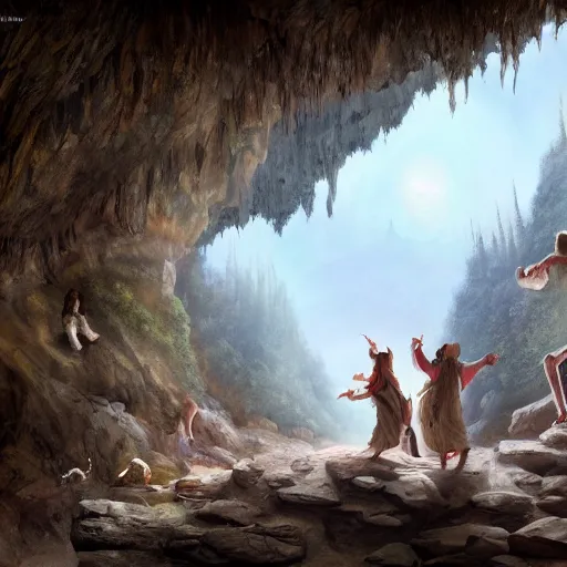 Image similar to medieval people dancing in a cave, there are crystals on the ceiling and on the ground, matte painting, 4k, very detailed