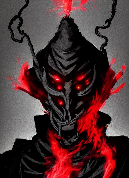 Image similar to half body portrait of an evil deity, a squid man in black mask and black rugged long trench coat made of smoke, red aura. in style of yoji shinkawa and hyung - tae kim, trending on artstation, dark fantasy, great composition, concept art, highly detailed, dynamic pose.