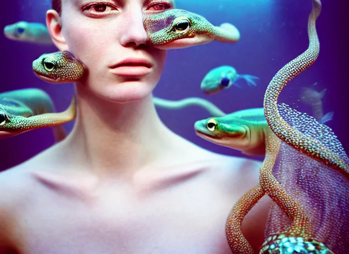 Image similar to kodak portra 4 0 0 photo portrait of a beautiful sirens floating in a crystal tank in style of tim walker, amphibian skin dress intricate detailed scales, 5 0 mm lens, f 2. 4, elegant, highly detailed, sharp focus, ethereal, out worldly colours, emotionally evoking, head in focus, soft blur light dreamy underwater, volumetric lighting, epic fantasy