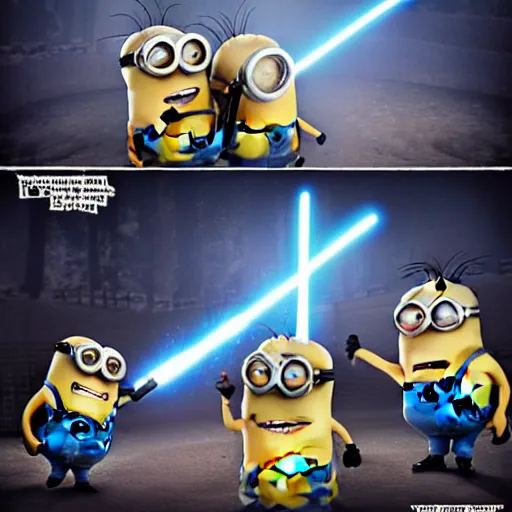 Image similar to the minions having a lightsaber duel with the minions,