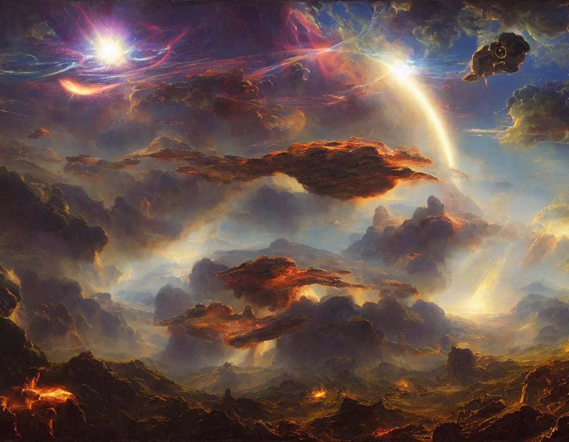 Prompt: epic galactic battle over an alien planet, concept art by albert biertadt, thomas cole, frederic edwin church, hudson river school, majestic, awe - inspiring, breathtaking