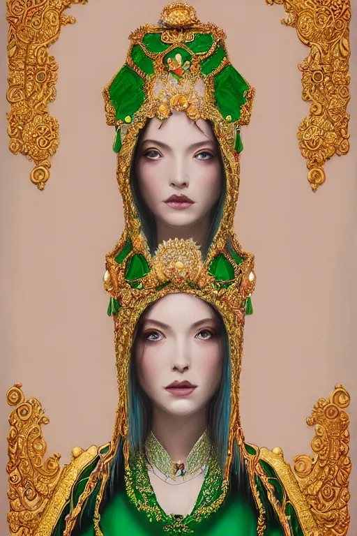 Image similar to a beautiful empress photo portrait, with a brilliant, impossible striking shiny big emerald headpiece, white and emerald robes, symmetrical, rococo, baroque, jewels, asian, realistic, closeup, D&D, fantasy, intricate, elegant, highly detailed, digital painting, artstation, octane render, 8k, concept art, matte, sharp focus, illustration, art by Artgerm and Greg Rutkowski and Alphonse Mucha