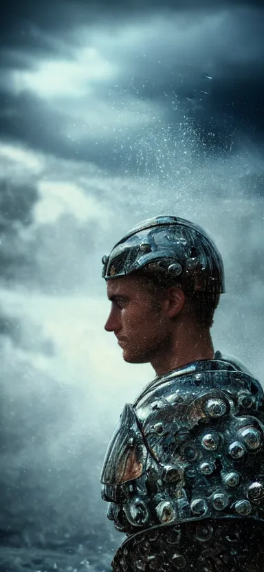 Image similar to suit of armor made of water, water armor, norway fjord, medium close up portrait, hudson river school, max rive, water armor, studio lighting, stormy seas, beautiful, bokeh, snowy, storm clouds, god rays, d & d, fantasy, elegant, low key color palette, concept art, roger deakins and greg rutkowski and alphonse mucha