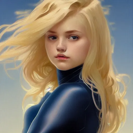 Image similar to a beautiful portrait of a beautiful cute teen superhero girl, blonde hair, tight matte navy - blue bodysuit, white cape, intricate, elegant, 8 k, highly detailed, digital painting, concept art, smooth, sharp focus, illustration, by artgerm greg rutkowski alphonse mucha loish wlop